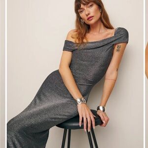 Reformation Jamen Off-Shoulder Metallic Dress